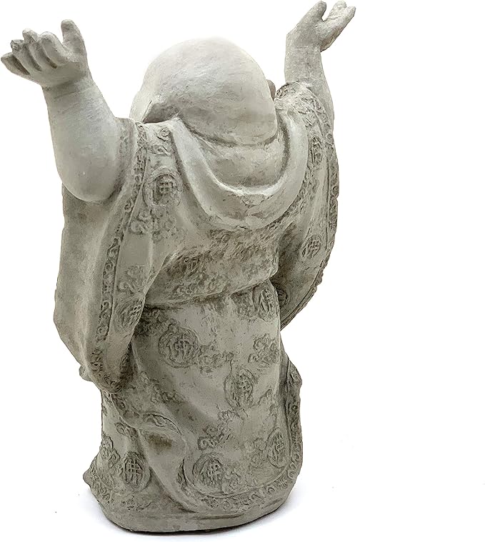 Super Happy Buddha Statue: Solid Durable Stone Statue w/Distressed Texture. Perfect Home Design & Sealed for Outdoor Use. Handcrafted USA. (Antique/Gray)