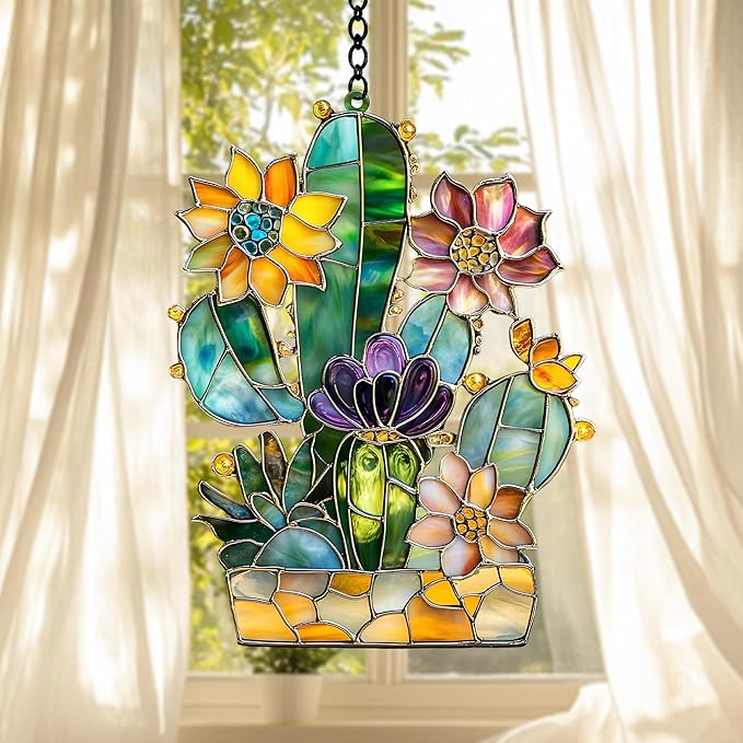 Succulent and Cactus Flower Pot Acrylic Sun Catchers Indoor Windown Suncatchers for Windows Hanging Christmas Suncatchers Window Decor Outdoor