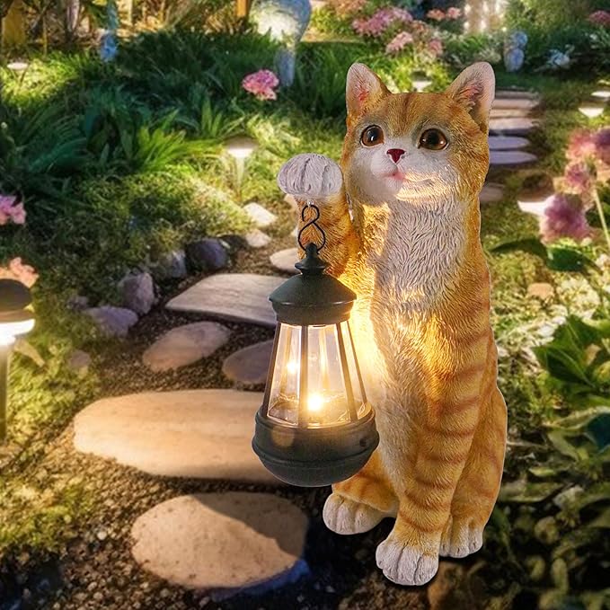 WONDER GARDEN Solar Cat Garden Statue - Outdoor Cat Statues, Cat Figurines with Solar Lantern Light for Patio, Yard, Lawn, Gardening Gifts for Women and Mom(11" Orange Cat)