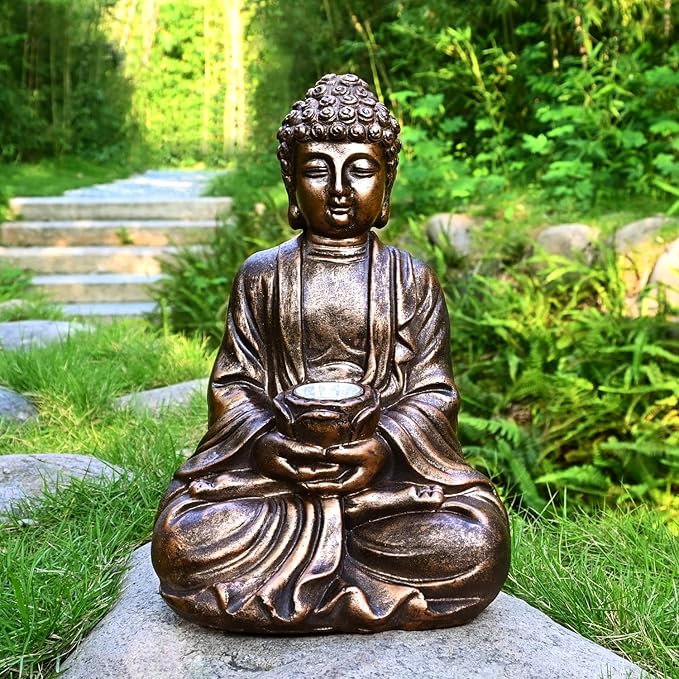 Outdoor Buddha Statues Solar Light: Desk Zen Garden Deor for Outside Patio Home Decoration Meditation Sculpture Room Decor Indoor Meditating Figurine Yard Lawn Ornament