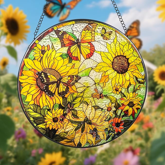 Suncatcher Stained Glass Window Hanging - Sunflower Glass Panel with Metal Chain and Hooks Handmade Sun Catcher Decoration for Window Garden Home Christmas & Birthday Gifts (7.8 Inch)