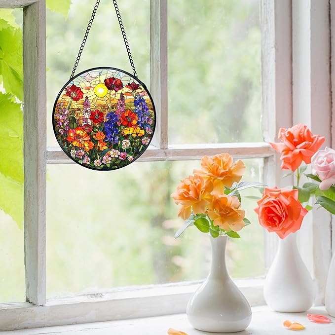 Flower Sunset Stained Glass Window Hanging, Cottagecore Wildflower Sun Catchers Indoor Window Round Glass Wall Art Decor, Floral Suncatcher Wall Hanging Decorations, Lawn Care