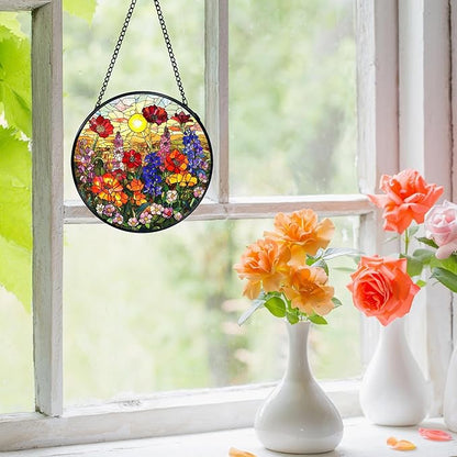 Flower Sunset Stained Glass Window Hanging, Cottagecore Wildflower Sun Catchers Indoor Window Round Glass Wall Art Decor, Floral Suncatcher Wall Hanging Decorations, Lawn Care
