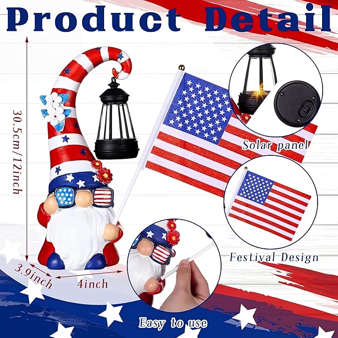 VIHOSE 12 Inch 4th of July Patriotic Gnomes Statues 250th Anniversary Gnome Outdoor Figurine Lights for Outside Lawn Ornaments Garden Porch Patio Balcony Yard Fourth of July Gifts for Mom Women