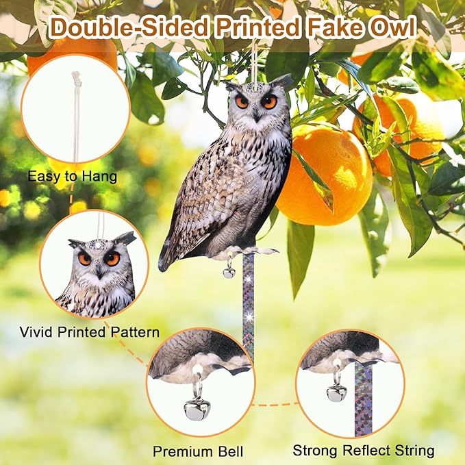 5 Pack Owl Scare Reflective Hanging Owl Decoration, Effective Animal Control Device to Scare Pigeons and Woodpeckers Away from Patio and Garden