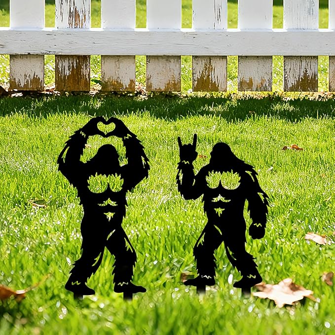 GLOBLELAND 2pcs Savage Mental Garden Stakes Black Silhouette Sasquatch Decorative Yard Stakes Trees Metal Outdoor Art Decor for Yard Patio Lawn Walkway Ornament