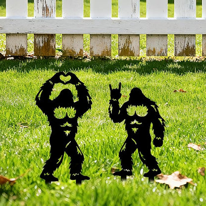 GLOBLELAND 2pcs Savage Mental Garden Stakes Black Silhouette Sasquatch Decorative Yard Stakes Trees Metal Outdoor Art Decor for Yard Patio Lawn Walkway Ornament