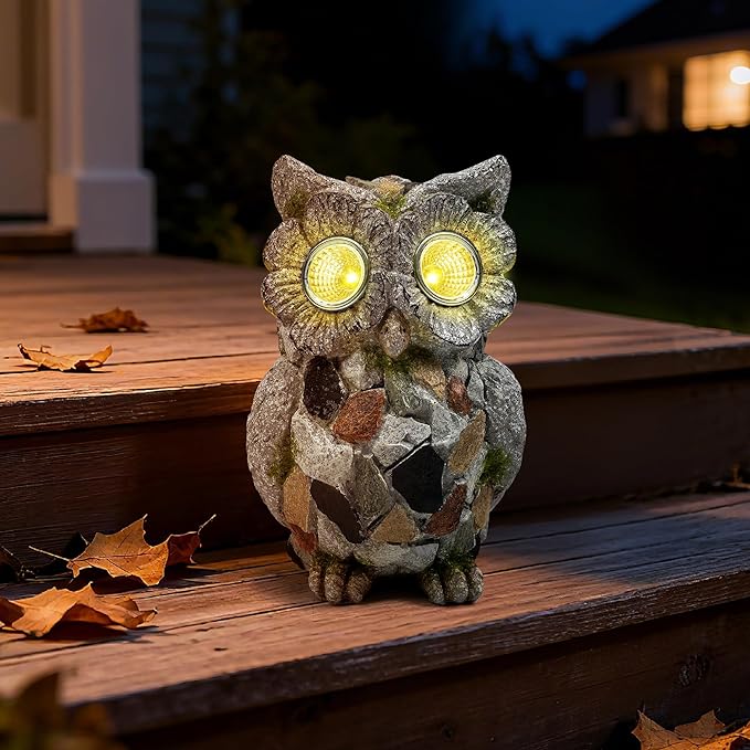 Garden Owl Statue Outdoor Decor with Solar Lights, Resin Owl Figurines for Patio Yard Porch Lawn Solar Owls Decorations Birthday Gift for Women Bird Lovers