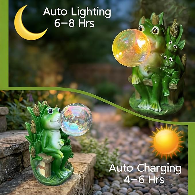 Solar Frog Blowing Bubble Garden Statue Light - Outdoor Waterproof Resin Figurine with Auto LED Glow for Patio & Yard Decor