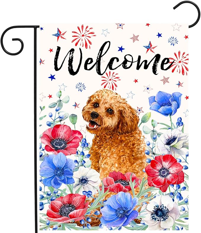4th of July Golden Doodle Garden Flag Red White Blue Floral Dog Yard Flags Small Memorial Independence Day Banner 12x18 Double Sided for Outside Outdoor Patriotic Decor