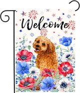 4th of July Golden Doodle Garden Flag Red White Blue Floral Dog Yard Flags Small Memorial Independence Day Banner 12x18 Double Sided for Outside Outdoor Patriotic Decor