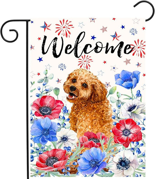4th of July Golden Doodle Garden Flag Red White Blue Floral Dog Yard Flags Small Memorial Independence Day Banner 12x18 Double Sided for Outside Outdoor Patriotic Decor
