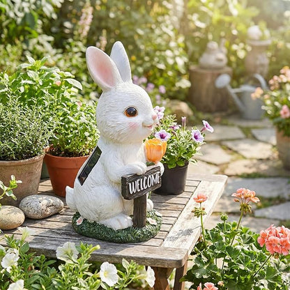 Solar Garden Outdoor Rabbit Statue Lights, Waterproof LED Bunny Sculptures for Patio Yard Lawn Backyard Decor (White)