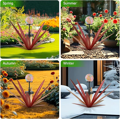Tequila Rustic Sculpture Metal Yard Decor with Solar Mosaic Light, 21Inches Height Hand Painted Metal Agave Garden Statue Red