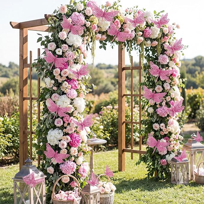 24 Pcs Glitter Dragonfly Decorations, Pink 3D Dragonfly Wall Decor with Clips Stem for Spring Summer Garden Party Wedding, Glitter Dragonflies for Floral Arrangement DIY Craft