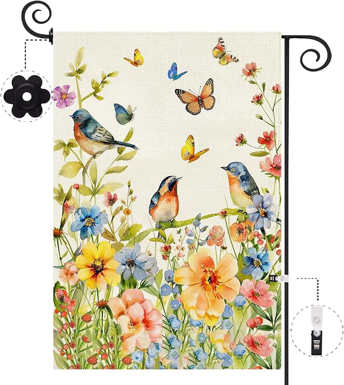 Baccessor Spring Floral Birds Garden Flag Double Sided 12.5x18 Inch Burlap with Clip and Stopper,Flower Butterflies Flag Seasonal Farmhouse Front Yard Lawn Summer Outside Outdoor Decoration