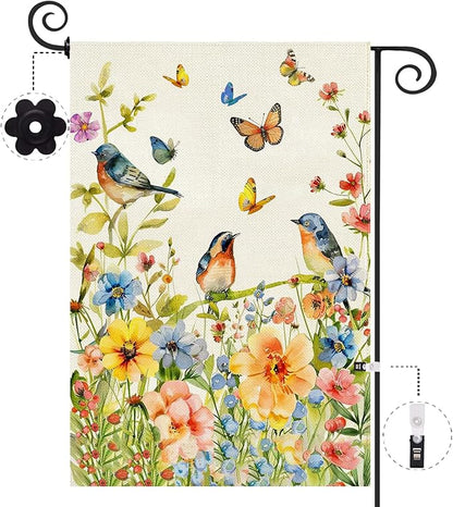 Baccessor Spring Floral Birds Garden Flag Double Sided 12.5x18 Inch Burlap with Clip and Stopper,Flower Butterflies Flag Seasonal Farmhouse Front Yard Lawn Summer Outside Outdoor Decoration