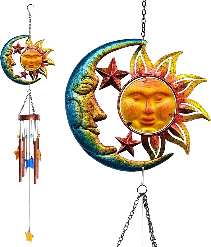 Sun Moon Star Wind Chime for Outside Valentine Decoration, Aluminum Tubes with Star Shape Suncatcher, Wind Chimes Hanging for Porch Patio Balcony Decor, 37 Inch