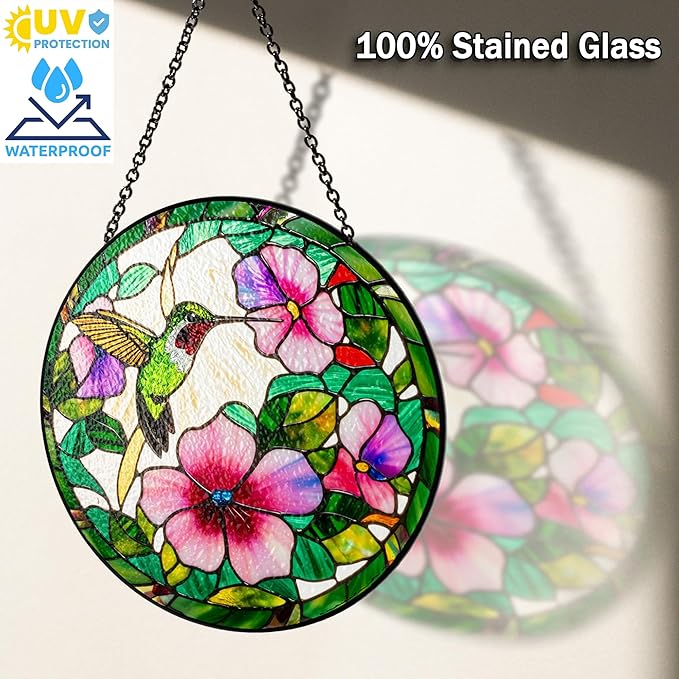 7.8" Hummingbird Stained Glass Suncatcher, Bird Suncatcher for Window Hanging, Art Decor for Home Garden Housewarming, Gift for Mom, Grandma, Women, Friend, Bird Lover BIRD-31B-SG8