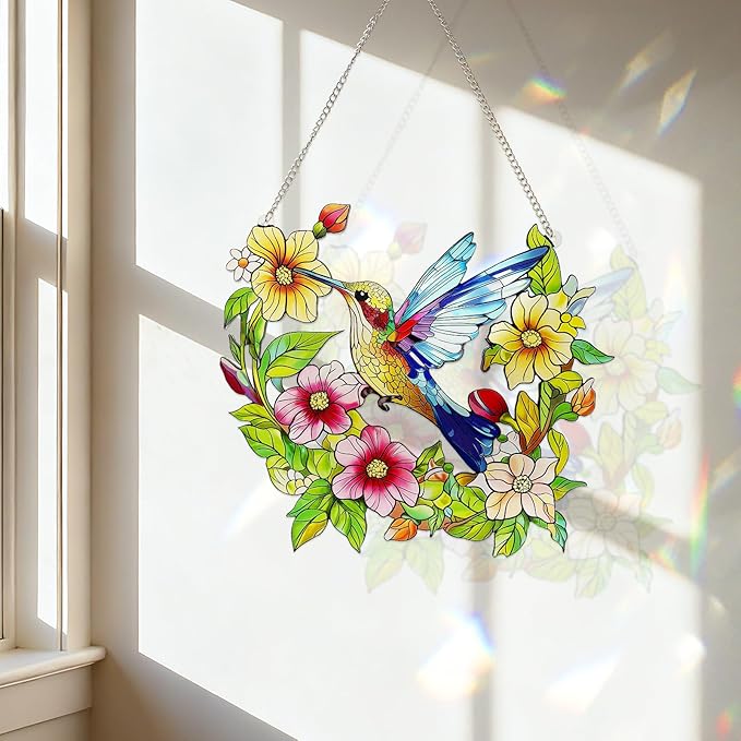 Stained Glass Window Hanging Hummingbird and Flower Suncatcher, Marzovitra 10 Inch Colorful Window Art Bird Sun Catcher for Home Decor, Garden, Patio Gift for Nature and Bird Lovers (Blue Hummingbird)
