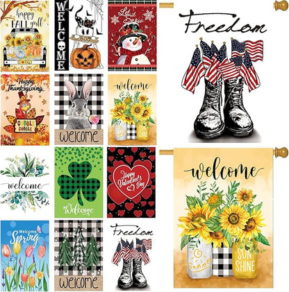 Seasonal Garden Flags Set of 12 Double Sided 28 x 40 Inch Yard Flags, Large House Flags for Outside, Fall Winter Halloween Christmas Outdoor Flags, Holiday Garden Flags for All Seasons