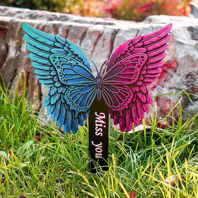 Butterfly Memorial Garden Stake - Metal Miss You Grave Decorations for Cemetery - Sturdy Thickened Remembrance Plaque, Vibrant Sympathy Gift for Loss of Loved One, Cemetery Grave Marker