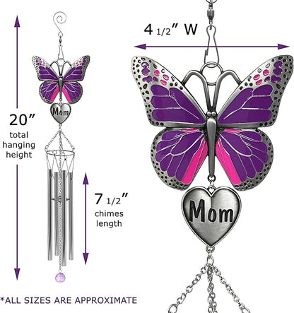 Butterfly Wind Chimes for Mother - Purple Butterfly Windchime with Engraved Mom Heart - Gift for Mom Mother’s Day Birthday Christmas - Spring Patio Garden Hanging Decor - 20 Inch Long