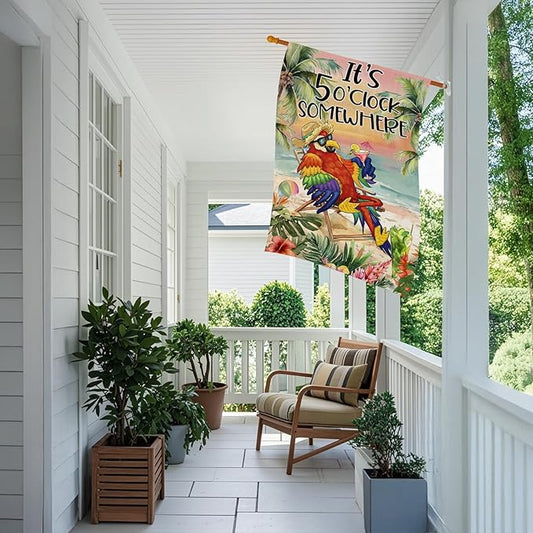 Summer House Flags for Outdoor Decoration, It's 5 O'clock Somewhere Beach Parrot Large Yard Flag, Seasonal Decorative Celebration Decor for Spring Farmhouse Holiday Outside 28x40 Inch Vertical Double Sided