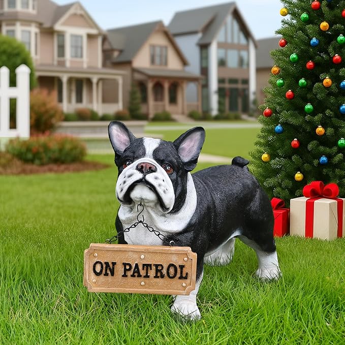 Outdoor French Bulldog Dog Statue with Interchangeable Welcome Sign and Detachable Solar Lantern –LED Light Garden Dog Sculpture Décor, Cute Puppy Design for Yard, Porch, Gift