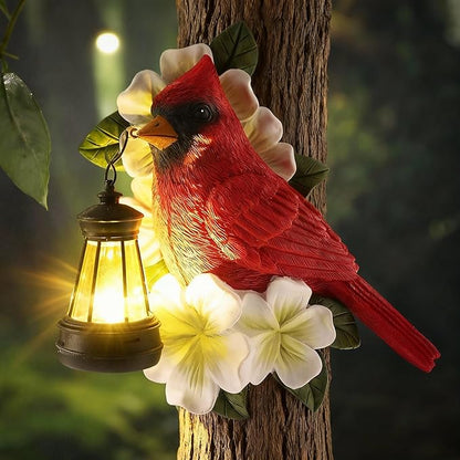 WILLBOND Cardinal Garden Decor with Solar Lantern 8.3 in Tree Cardinal Solar Light for Outside Resin Red Bird Outdoor Garden Statue for Wall Tree Yard Lawn Women Mom Grandmom Mother's Day Gifts