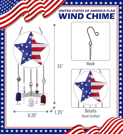CoTa Global USA Flag Star Wind Chime - American Flag Patriotic Indoor or Outdoor Windchime Home Decor with Hanging Bells, Handcrafted Glass and Metal Wind Chimes for Yard, Garden, Porch - 24 Inch