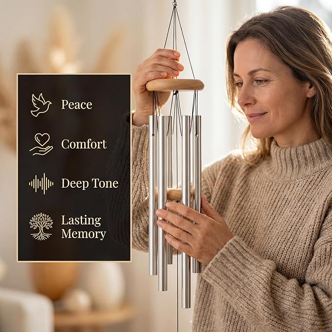 Memorial Wind Chimes for Loss of Loved One - 25 Inch Tone Silver Wind Chimes with 6 Tuned Tubes - Sympathy Gifts for Loss of Mother, Father, Loved One - Rust-Proof Garden Decor