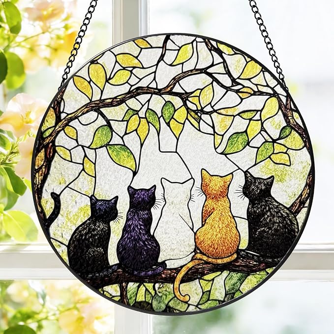 Stained Glass Window Hanging, 8 Inch 5 Cats on a Branch Suncatcher, Sun Catchers Indoor Window, Suncatchers for Windows Hanging, Spring Home Garden Decor Panel, Cat Lover Gifts for Women Mom Grandma