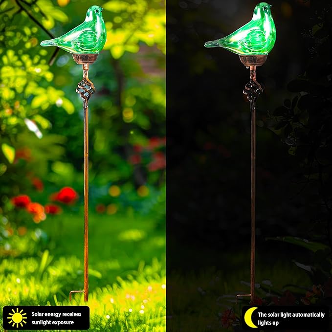 Decorative Solar Lights, Outdoor Solar Bird Stake Lights, Hand Blown Glass Decorative Garden Pathway Lights Outdoor Waterproof Glass Stakes (Green)