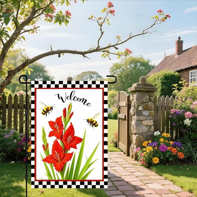 IVN Welcome Garden Flag 12x18 Inch Double Sided Spring Summer Garden Yard Flags Red Gladiolus Flowers Bees Decorative Small Flags for Outdoor Seasonal Front Door Lawn Porch Patio Decor Yard Flag
