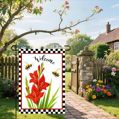 IVN Welcome Garden Flag 12x18 Inch Double Sided Spring Summer Garden Yard Flags Red Gladiolus Flowers Bees Decorative Small Flags for Outdoor Seasonal Front Door Lawn Porch Patio Decor Yard Flag