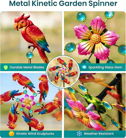 44" Parrot Garden Wind Spinners - Metal Outdoor Stakes Kinetic Wind Spinner Windmills Decor, Wind Sculpture Yard Art Decorations for Patio, Lawn & Garden
