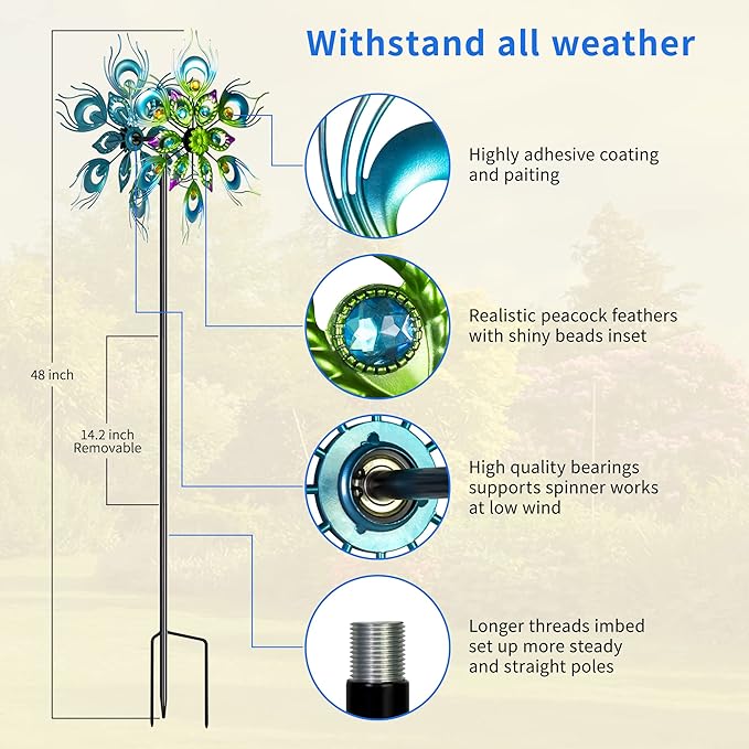 Peacock Wind Spinner, 48Inch Double Wind Sculpture, Wind Sculptures & Spinners Outdoor Metal Stake Yard Spinners, Garden Wind Catcher Wind Mills, Lawn&Garden…