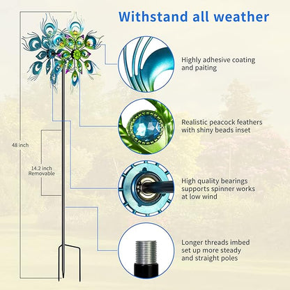 Peacock Wind Spinner, 48Inch Double Wind Sculpture, Wind Sculptures & Spinners Outdoor Metal Stake Yard Spinners, Garden Wind Catcher Wind Mills, Lawn&Garden…