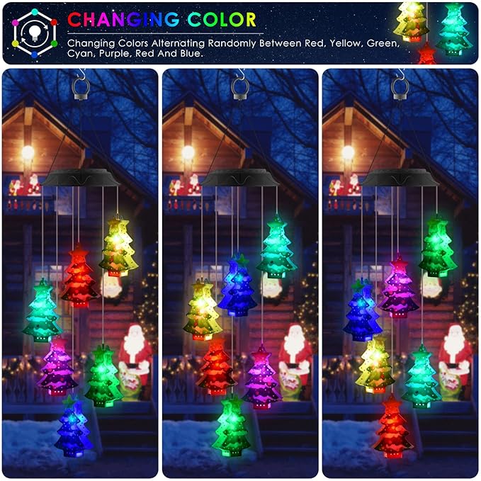 PACETAP Christmas Solar Wind Chimes, Color Changing Led Solar Wind Chimes, Hanging Outdoor Christmas New Year Garden Decor Gift for Children/Mom