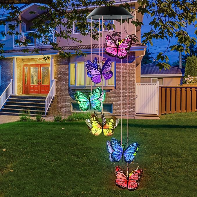 Wind Chimes for Outside, AVEKI Butterfly Solar Wind Chime Waterproof LED Color-Changing Wind Chimes Solar Powered Lights for Home Garden Christmas Decoration Gifts…