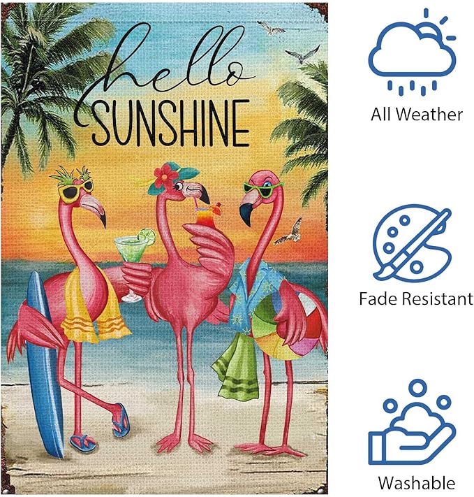 Heyfibro Flamingo Hello Sunshine Hawaii Tropical Beach Holiday Garden Flags 28x40 Double Sided Burlap Welcome Summer Tropical Ocean Sea Yard Flag for Seasonal Outdoor Party Decoration(ONLY FLAG)