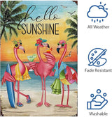 Heyfibro Flamingo Hello Sunshine Hawaii Tropical Beach Holiday Garden Flags 28x40 Double Sided Burlap Welcome Summer Tropical Ocean Sea Yard Flag for Seasonal Outdoor Party Decoration(ONLY FLAG)