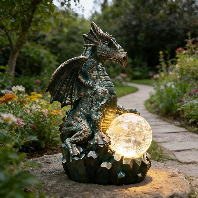 JOYBEE Dragon Solar Garden Statues Outdoor Decoration with Magic Orb,Dragon Figurine Solar LED Lights Lawn Décor,Outside Statue Ornament for Patio, Balcony, Yard,Unique Gifts for Mom Grandma