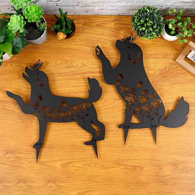 2 Pcs Black Dog Silhouette Cute Metal Dog Decor for Dog Lovers Decorative Garden Stakes for Yard Garden Lawn Outdoor Decorations (Dog)