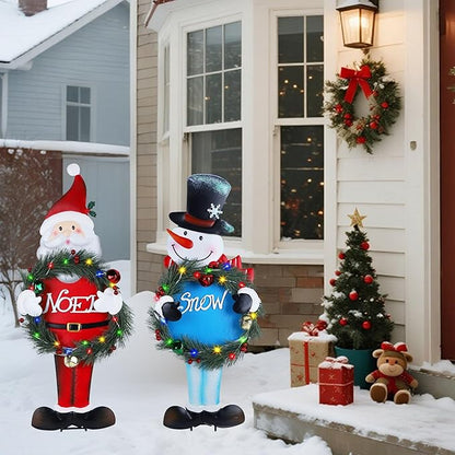 Lighted Christmas Decorations Outdoor, 2 Pack 30" Height Santa & Snowman Xmas Yard Signs Metal Garden Stakes with LED Lights, Battery Powered for Holiday New Year Winter Walkway Patio Lawn