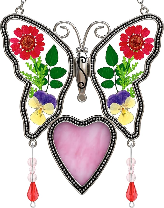 Love Heart-Shaped Glass Suncatcher with Pressed er Ornament, Wind Chimes with Real Flowers, Pendant Mom Grandma Lover Birthday Gift for Indoor or Outdoor Décor-Mom