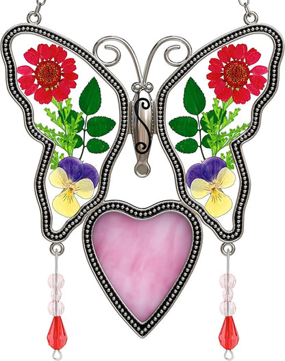 Love Heart-Shaped Glass Suncatcher with Pressed er Ornament, Wind Chimes with Real Flowers, Pendant Mom Grandma Lover Birthday Gift for Indoor or Outdoor Décor-Mom