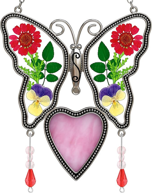 Love Heart-Shaped Glass Suncatcher with Pressed er Ornament, Wind Chimes with Real Flowers, Pendant Mom Grandma Lover Birthday Gift for Indoor or Outdoor Décor-Mom