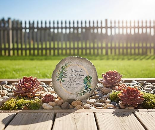 Magnolia Garden 10-Inch Romans 15:13 Scripture Decorative Stepping Stone – May the God of Hope Resin Garden Tile – Botanical Eucalyptus Religious Outdoor Accent